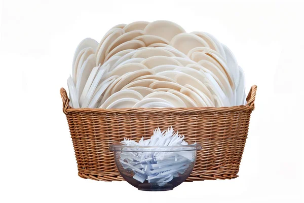 Basket Bowl Disposable Dishes Forks Isolated White — Stock Photo, Image