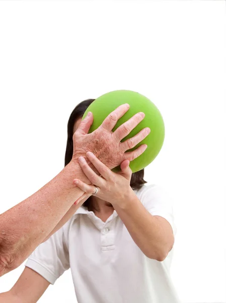 Senior Patient Undergoing Rehabilitation Green Ball White Background Space Your — Stock Photo, Image