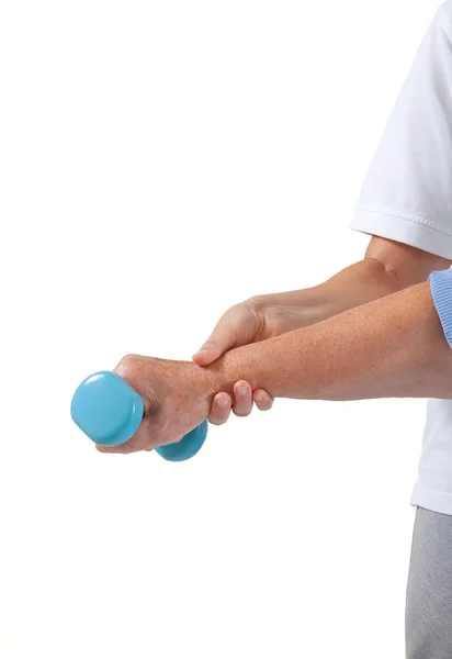 Senior Patient Undergoing Rehabilitation Azure Dumbbell White Space Your Logo — Stock Photo, Image