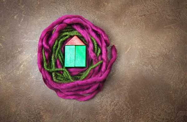 紫罗兰和绿色的羊毛巢在黑暗的背景 为您的标志或文字的空间 梦想和安全的家 幸福的生活或抵押贷款投资的概念 — 图库照片