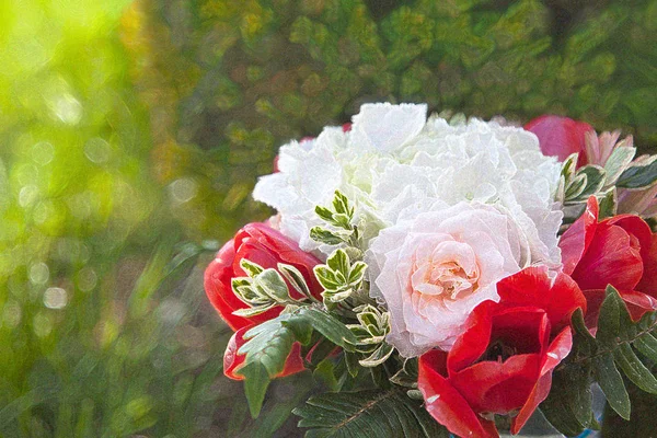 Strauß weißer und roter Blumen, mit künstlerischer Wirkung — Stockfoto