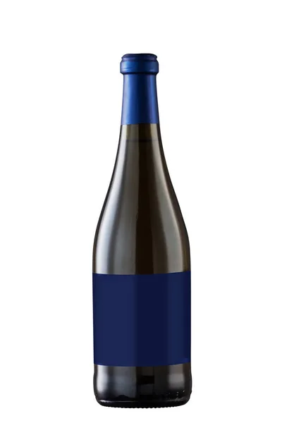 Wijnfles Met Zwart Etiket Geïsoleerd Witte Achtergrond Met Blauw Etiket — Stockfoto