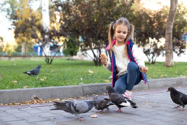 Parktaki kız güvercinleri besliyor.