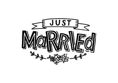 Just Married - Düğün kartı, kurdele, yaprak ve çiçek ile el çizilmiş yazı. Vektör çizimi.