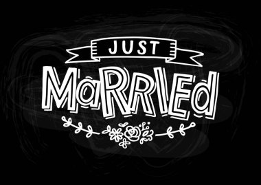 Just Married - Düğün kartı, kurdele, yaprak lar ve çiçekler ile el çizilmiş yazı.