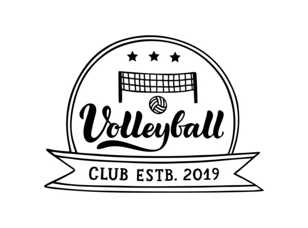 Logo écrit à la main du club de volley-ball, emblème avec boule, filet et étoiles — Image vectorielle