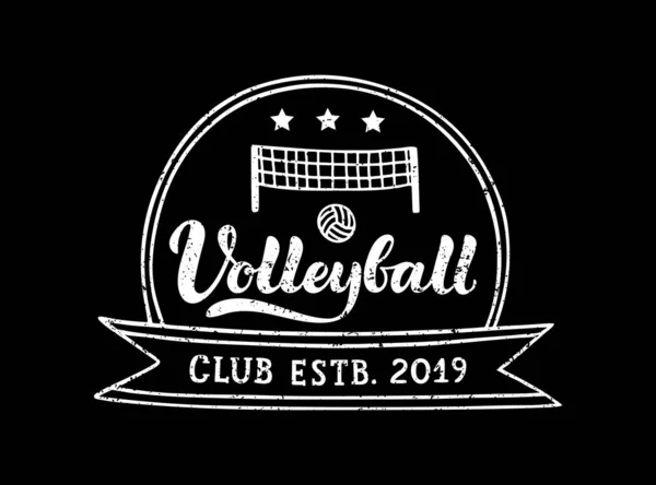 Logo écrit à la main du club de volley-ball, emblème avec boule, filet et étoiles . — Image vectorielle