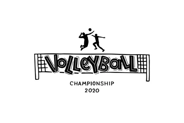 Logo de lettrage écrit à la main de volley-ball, emblème avec joueurs, balle et filet . — Image vectorielle