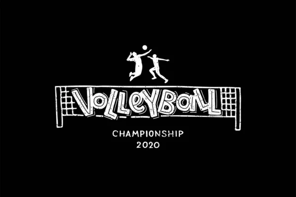 Logo de lettrage écrit à la main de volley-ball, emblème avec joueurs, balle et filet . — Image vectorielle