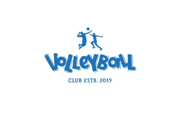 Logo écrit à la main du club de volley-ball, emblème avec les joueurs et la balle . — Image vectorielle