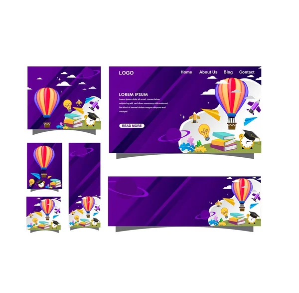 Landingspagina Template Set Banners Met Heteluchtballonnen Educatief Concept — Stockvector