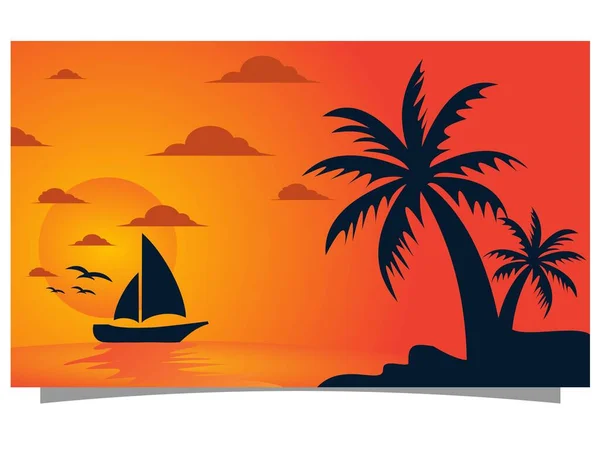 Flat Background Design Boat Palm Afternoon — Stock Vector