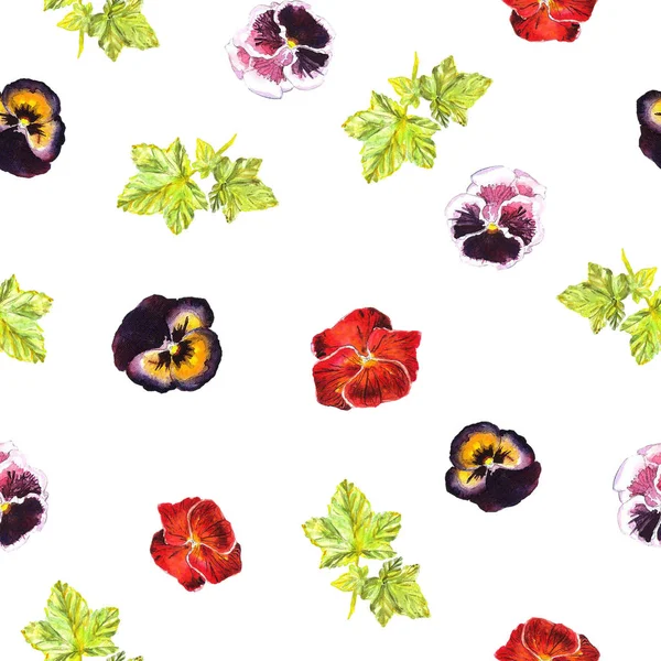 无缝图案与水彩手绘粉红色，紫色，红色紫罗兰和叶子 — 图库照片