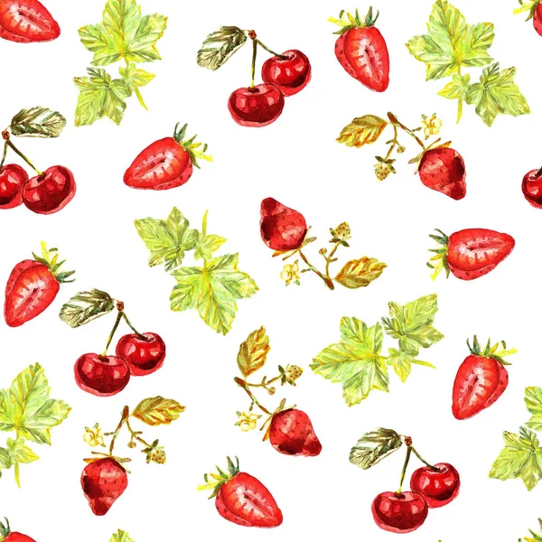 Aquarelle motif sans couture de feuilles, fraises, cerises — Photo