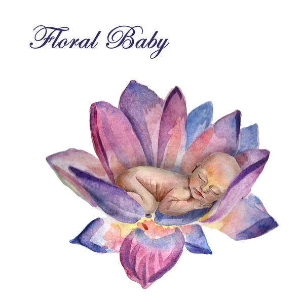 Akwarela noworodka śpiące dziecko w kwiatowy rama — Zdjęcie stockowe