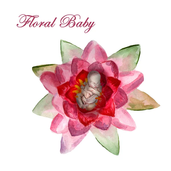 Акварель новонароджена спляча дитина в квітковій рамці — стокове фото