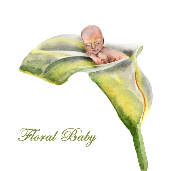 Bebé dormido recién nacido acuarela en marco floral —  Fotos de Stock