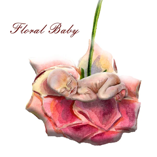 Watercolor newborn sleeping baby in floral frame — Stock Photo, Image