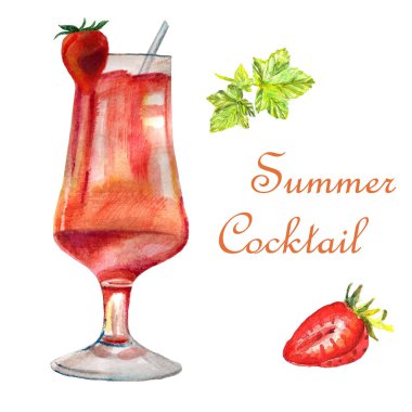 Suluboya parlak yaz illüstrasyon. Çilekli lezzetli kokteyl