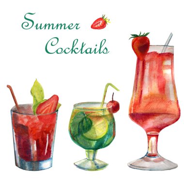 Suluboya parlak yaz illüstrasyon. Kokteyl seti