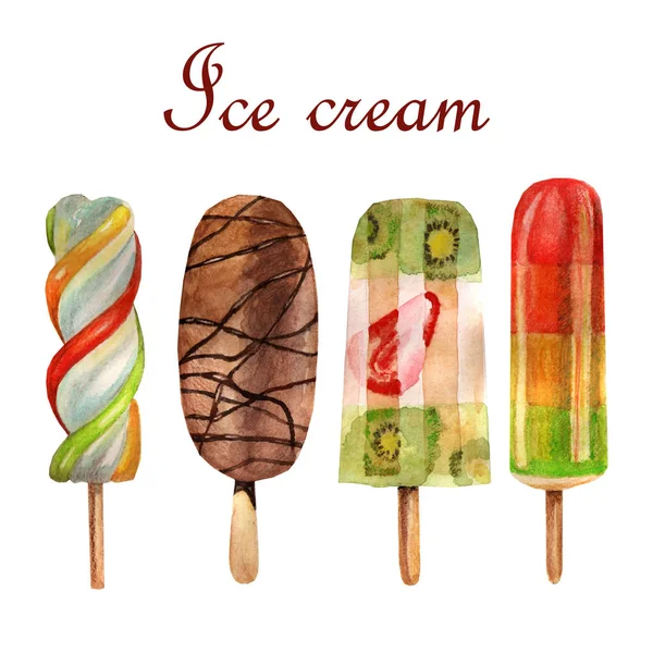 Ilustración de alimentos acuarela. Conjunto de delicioso helado — Foto de Stock