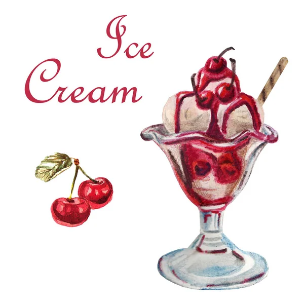 Ilustración de alimentos acuarela. Un delicioso postre de helado en el tazón — Foto de Stock
