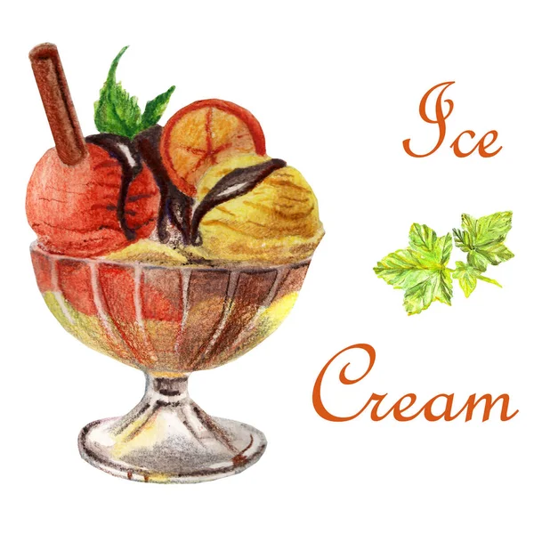 Akwarela ilustracja żywności. Pyszny deser lodowy w misce — Zdjęcie stockowe