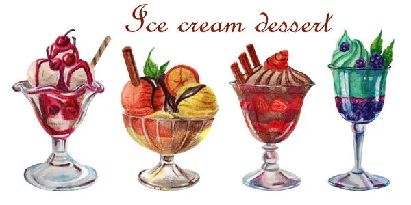 Ilustración de alimentos acuarela. Conjunto de deliciosos postres de helado — Foto de Stock
