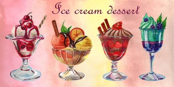 Akwarela ilustracja żywności. Zestaw pysznych deserów lodowych — Zdjęcie stockowe