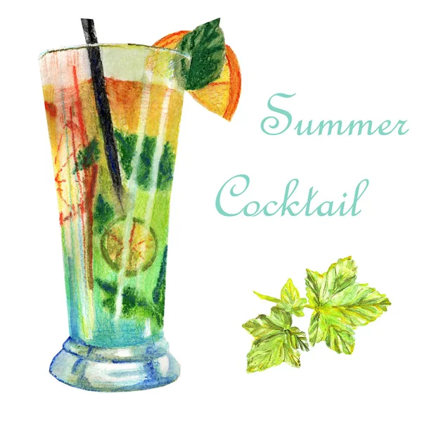 Акварель яскрава літня ілюстрація. Смачний коктейль з апельсином — стокове фото