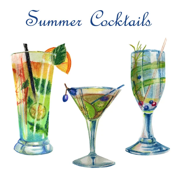 Aquarelle lumineuse illustration d'été. Ensemble de cocktails — Photo