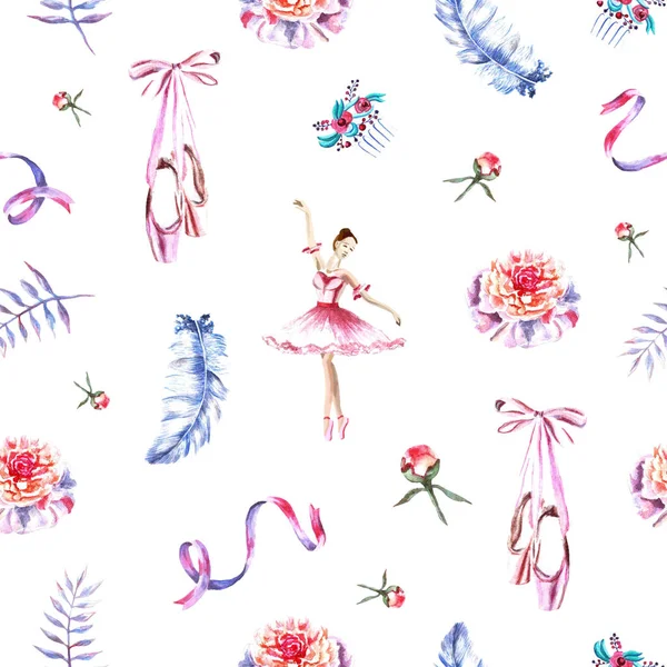 Бесшовный рисунок с акварельной балериной, лентами, перьями, пуантами, пионами — стоковое фото