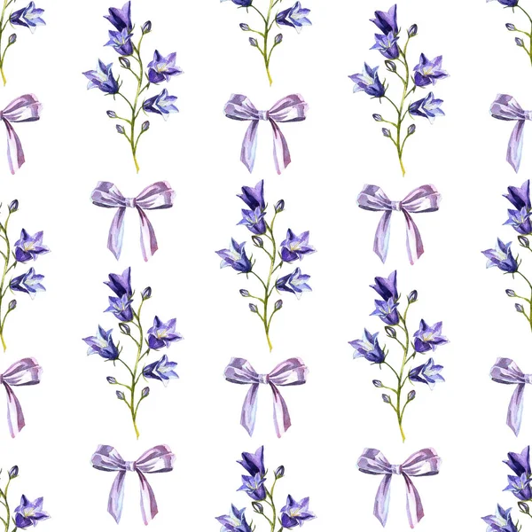 Seamless pattern with watercolor bluebells and bows of light-blue ribbon — Stock Photo, Image