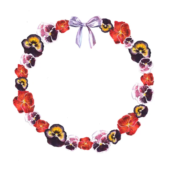 Aquarel cirkel frame van rood, paars, roze viooltjes en paarse Bow — Stockfoto