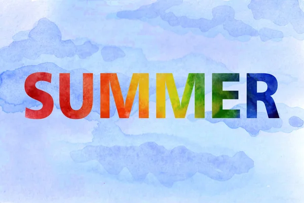 Watercolor summer illustration. Hand-painted rainbow inscription summer