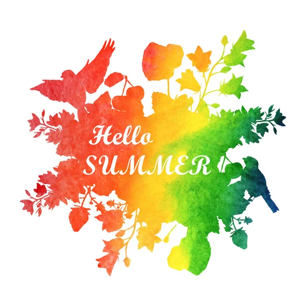 Ilustración de verano acuarela. Banner con flores y pájaros —  Fotos de Stock
