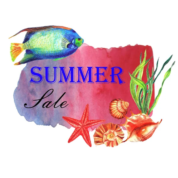 Ilustración de verano acuarela. Banner de venta con peces y conchas —  Fotos de Stock
