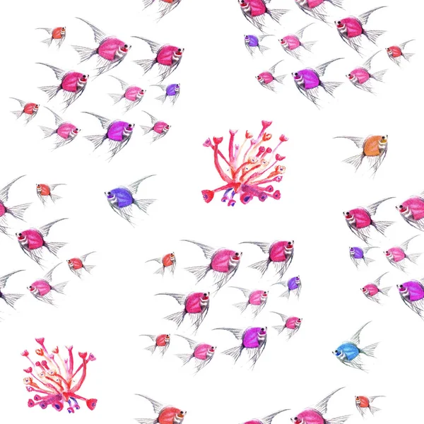 Aquarelle motif sans couture de corail rose et covey de poisson rose — Photo