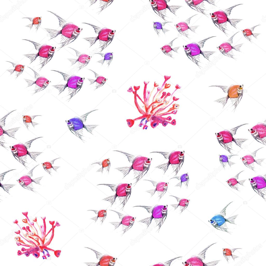 Watercolor seamless pattern of pink coral and covey of pink fish