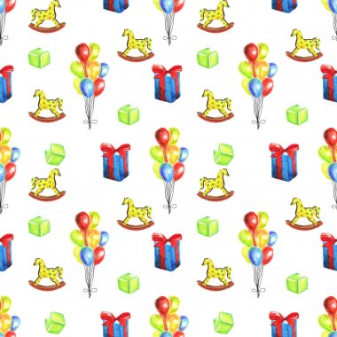 Beyaz arka planda retro oyuncaklar ile suluboya dikişsiz desen