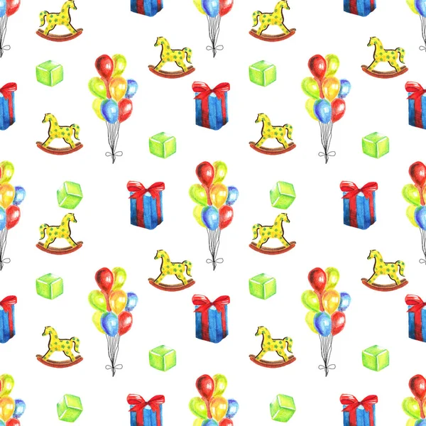 Watercolor seamless pattern with retro toys on white background — Stock Photo, Image