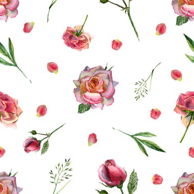 Çiçek ve pembe yaprakları ile suluboya dikişsiz desen