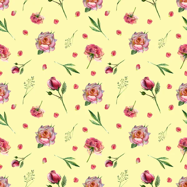 Watercolor seamless pattern with flowers and pink petals — Stock Photo, Image