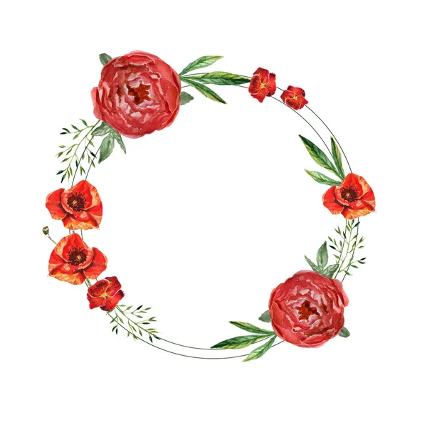 Flores ilustración acuarela. Un marco circular de flores sobre fondo blanco . —  Fotos de Stock