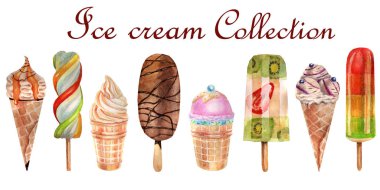 Suluboya gıda illüstrasyon. Dondurma seti