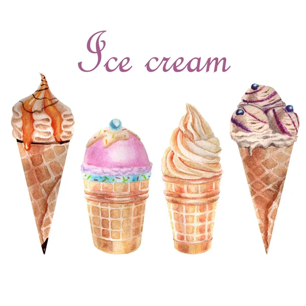 Illustrazione cibo acquerello. Set di gelati — Foto Stock