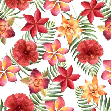 Tropikal çiçekler ile suluboya parlak yaz illüstrasyon