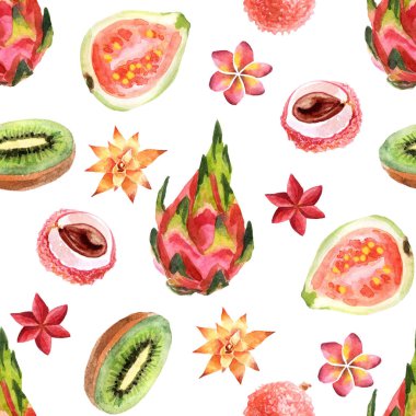 Beyaz arka plan üzerinde pitahaya ile suluboya tropikal dikişsiz desen