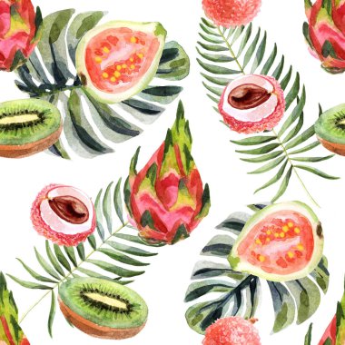 Beyaz arka plan üzerinde pitahaya ile suluboya tropikal dikişsiz desen