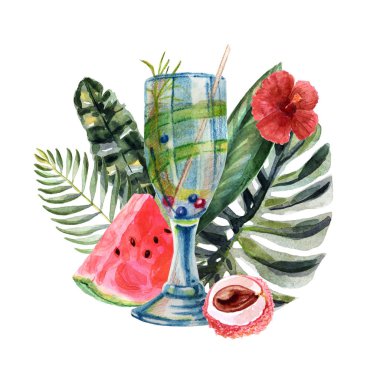 Yaz kokteyli, meyve ve çiçek ile suluboya tropikal illüstrasyon